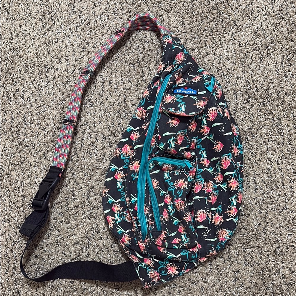 Kavu Black and Pink Backpack with Tropical Design